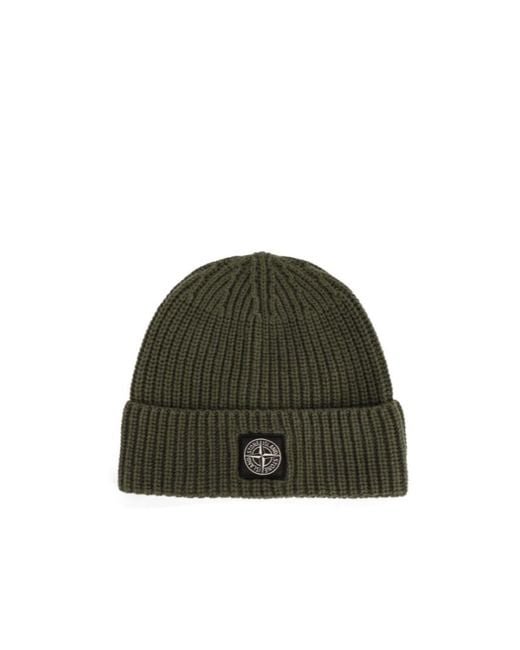 Stone Island Green Logo Patch Ribbed Beanie for men