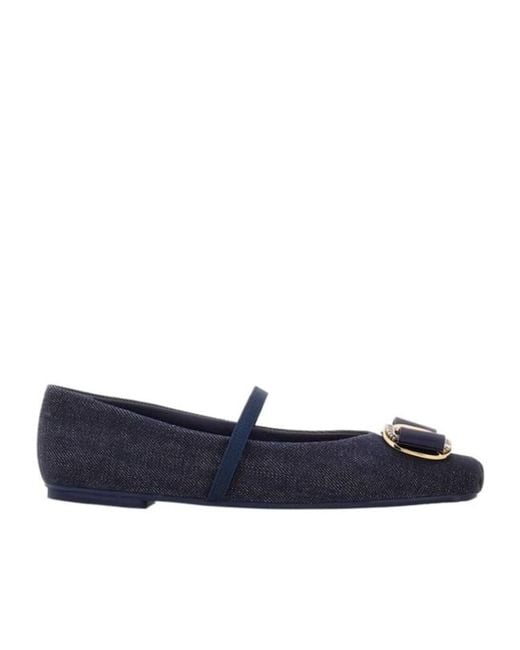 Ferragamo Blue New Vara Plate Ballet Flat