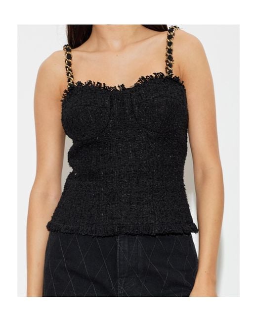 Balmain Black Chain-Strap Tweed Top