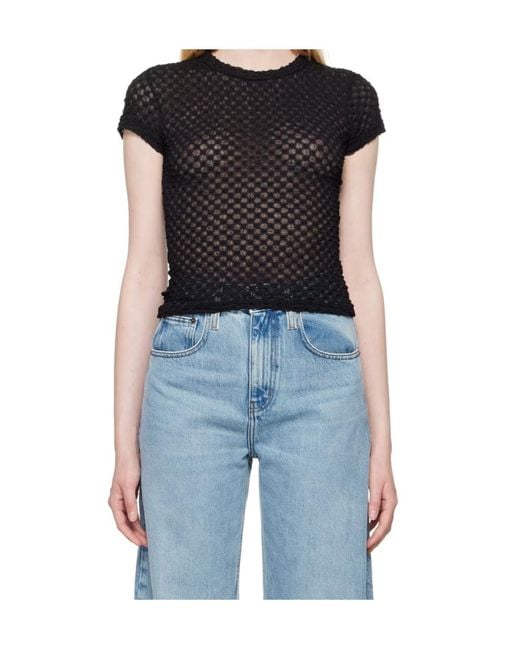 FRAME Black Mesh Lace Round-Neck Top