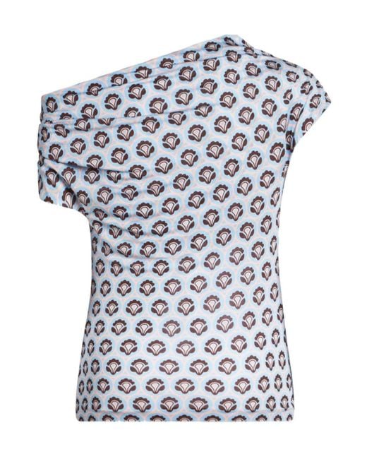 Etro Blue Pattern-Printed Off-Shoulder Asymmetric Top