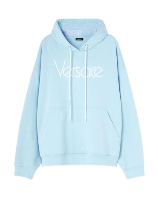 Versace Blue Logo-Embroidered Drawstring Hoodie