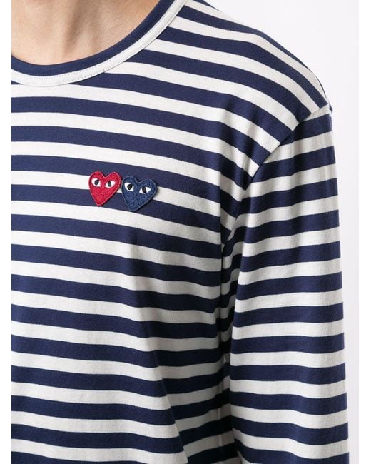 COMME DES GARÇONS PLAY Blue Heart Appliquéd Striped T-Shirt for men