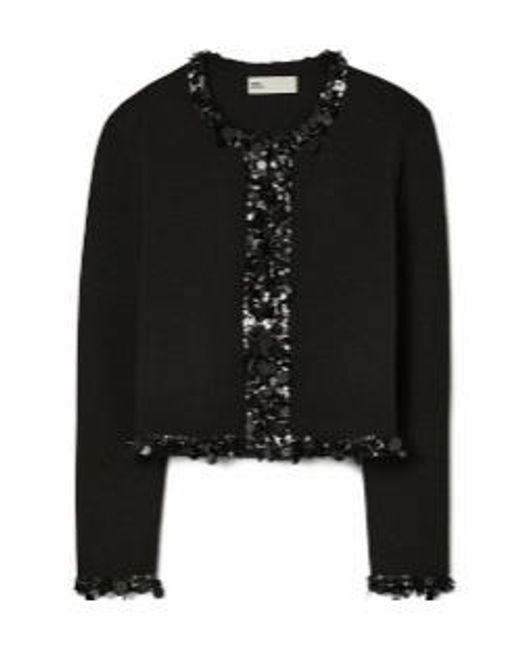 Tory Burch Black Embellished Fine Knit Cardigan