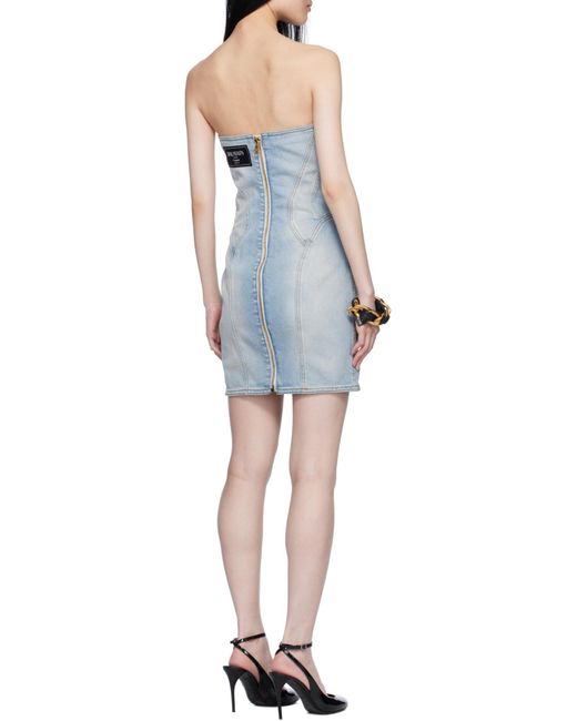 Balmain Blue Strapless Button Detailed Denim Dress