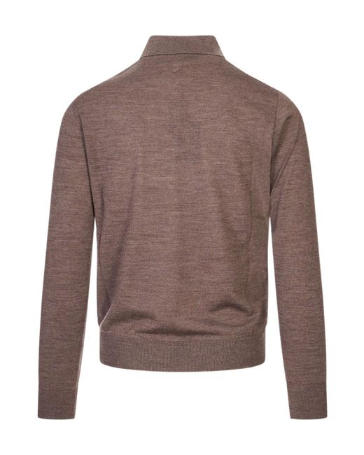 Canali Brown Long-Sleeve Knitted Polo Shirt for men