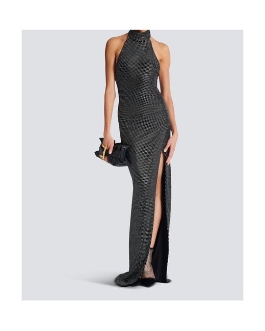 Balmain Blue Long Velvet Halterneck Dress With Rhinestones