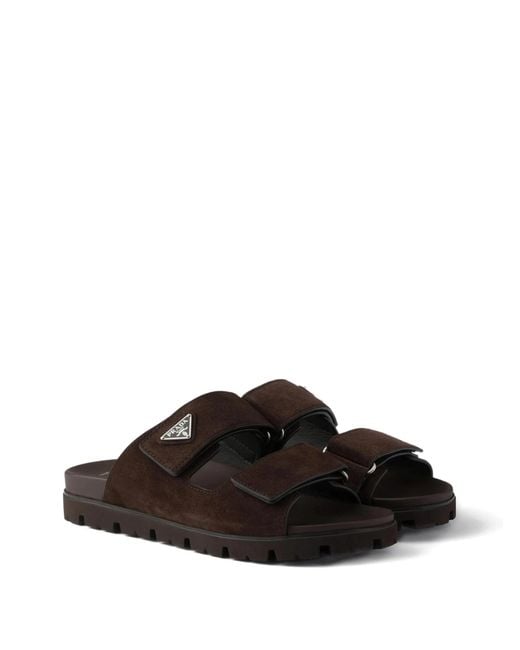 Prada Brown Enamel-Triangle Slip-On Sandals for men