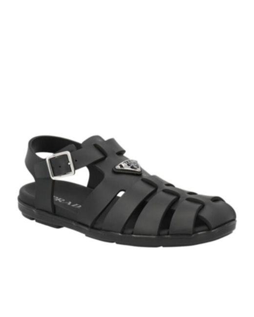 Prada Black Logo Plaque Round-Toe Sandals for men