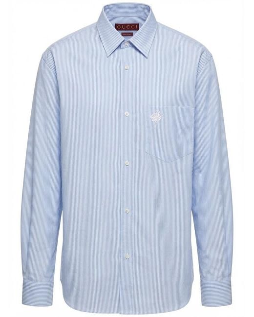 Gucci Blue Logo Embroidered Striped Shirt for men