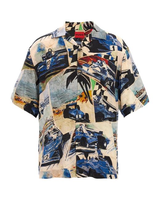 BOSS Men's Blue Vintage Racing Print Oversize-Fit Shirt