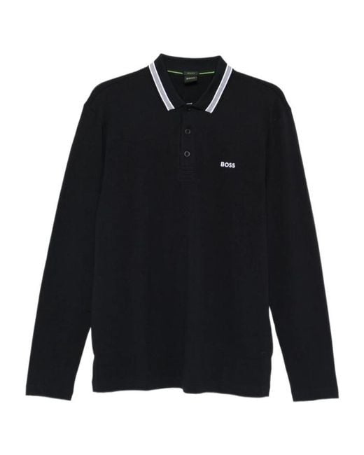 Boss Blue Long-Sleeve Contrast-Trim Polo Shirt for men