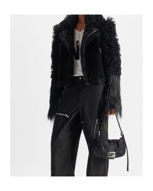 Fendi Black Blouson Patchwork Shearling Biker Jacket