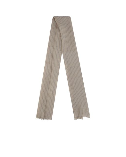 Brunello Cucinelli White Striped Frayed Hem Scarf