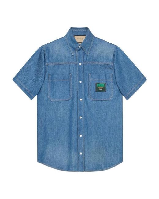 Gucci Blue Logo Patch Short-Sleeved Denim Shirt for men