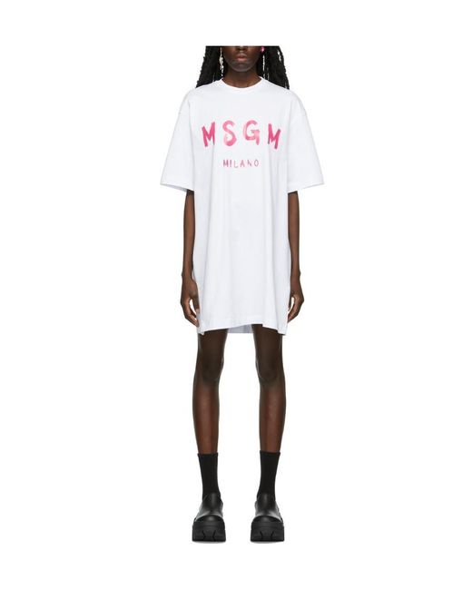MSGM White Logo Print Round-Neck Dress