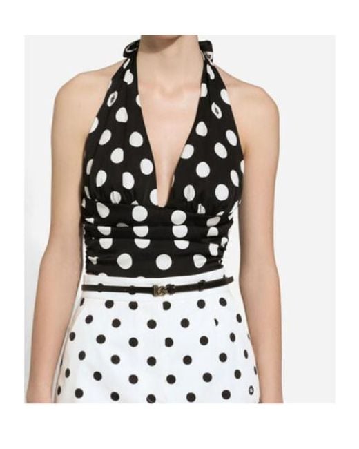 Dolce & Gabbana Black Polka-Dot Charmeuse Top With Plunging Neckline