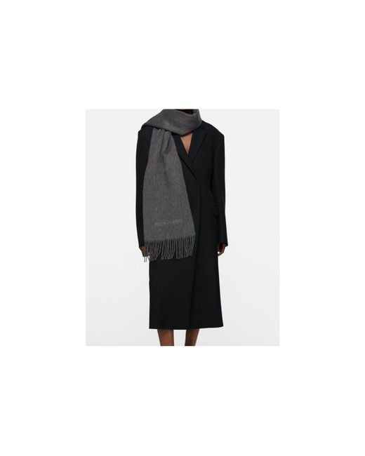 Acne Gray Logo Detail Fringed Scarf