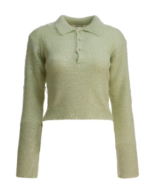 Auralee Green Long-Sleeve Wool-Blend Knitted Polo Shirt