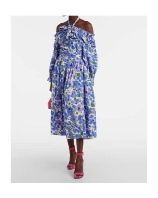 Carolina Herrera Blue Floral Cotton-Blend Midi Skirt