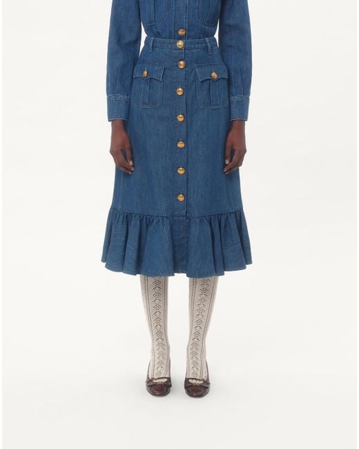 Valentino Blue Button Detailed Flared Hem Denim Skirt