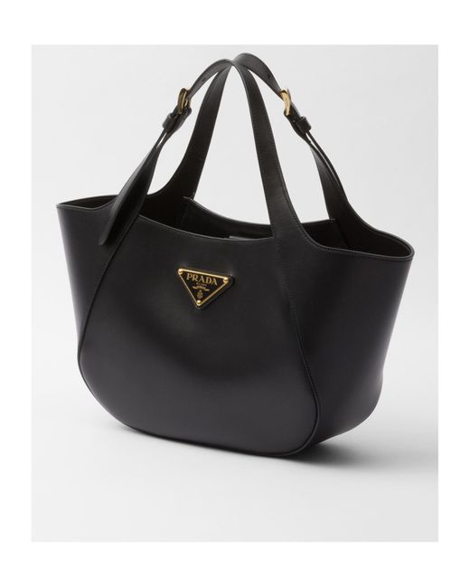 Prada Black Medium Enamel Triangle Logo Leather Tote Bag