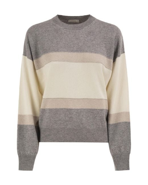 Peserico Gray Striped Crew-Neck Sweater