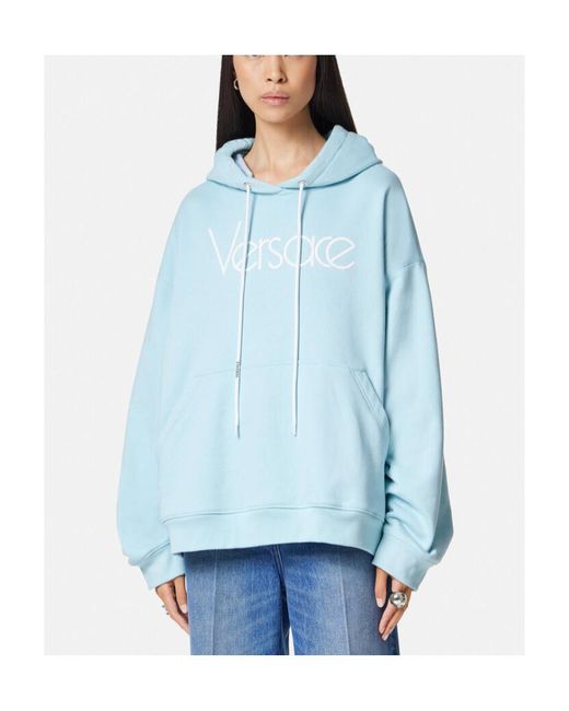 Versace Blue Logo-Embroidered Drawstring Hoodie