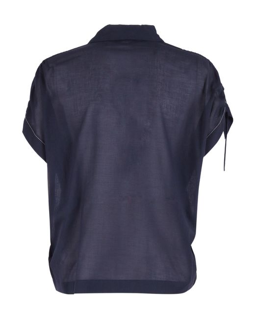 Peserico Blue Short-Sleeve Drawstring-Cuff Blouse