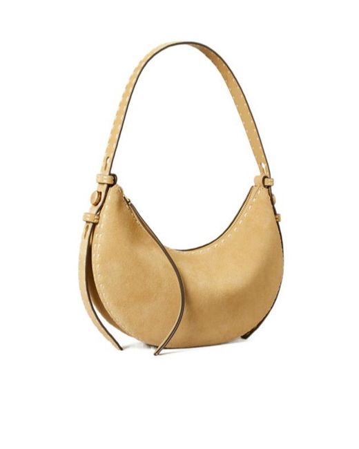 Tory Burch Metallic Romy Suede Pick Stitch Half Moon Bag