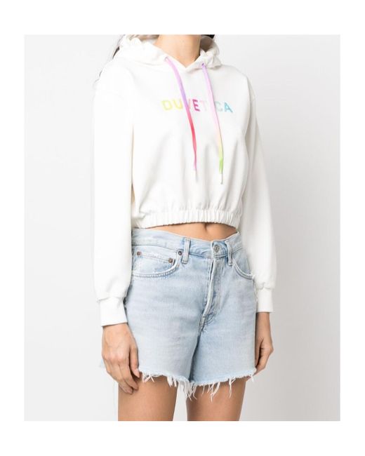 Duvetica White Logo-Print Cropped Hoodie