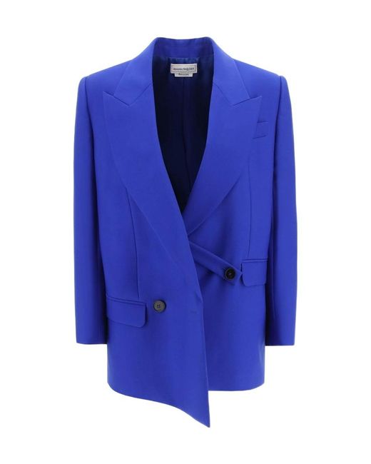 McQueen Blue Asymmetric Double-Breasted Tailored Blazer