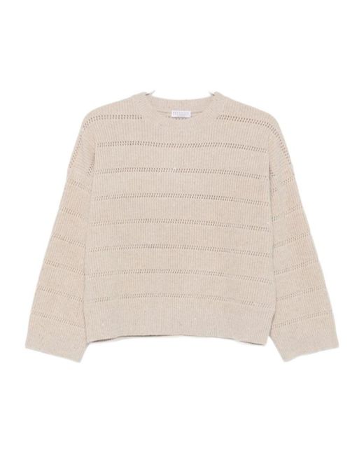 Brunello Cucinelli Natural Striped Open-Knit Sweater