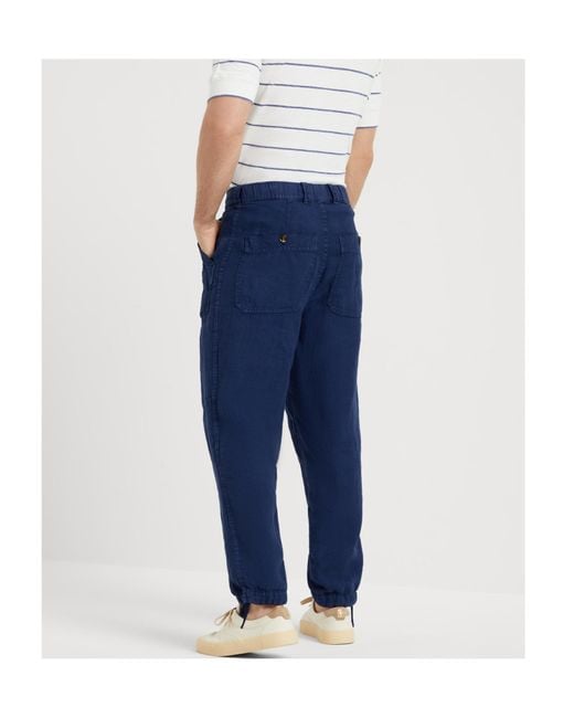 Brunello Cucinelli Blue Dyed Linen Straight-Leg Trousers for men