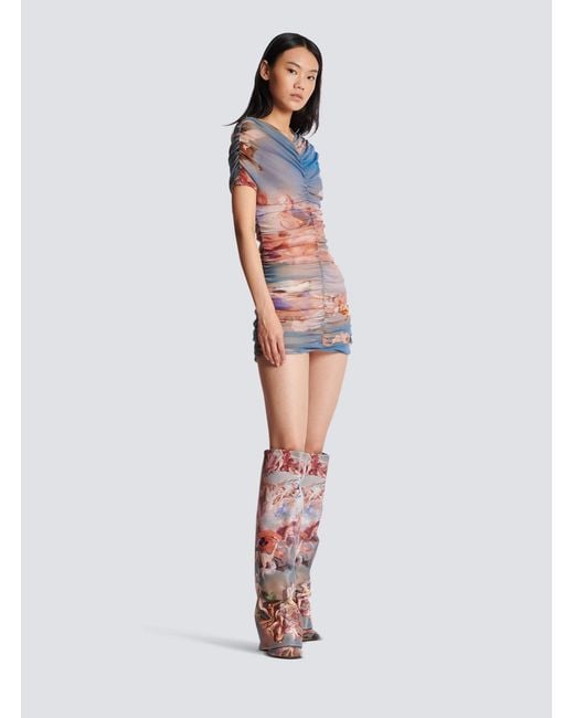 Balmain Blue Sky Printed Gathered Tulle Dress