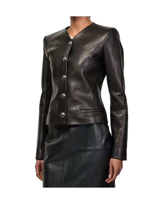 Khaite Black Collarless Motorcycle Leather Jacket