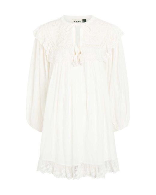 Rixo White Embroidered Cotton Mini Dress
