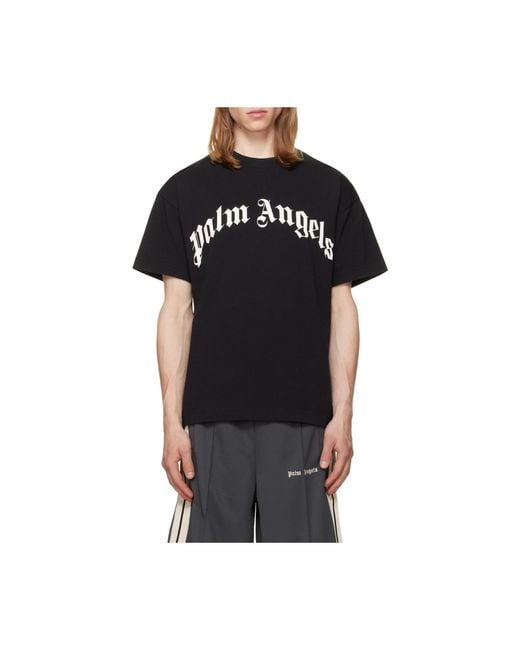 Palm Angels Black Curved Logo Regular Tee for men