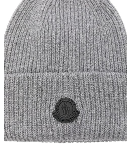 Moncler Gray Ribbed Logo-Patch Beanie Hat for men