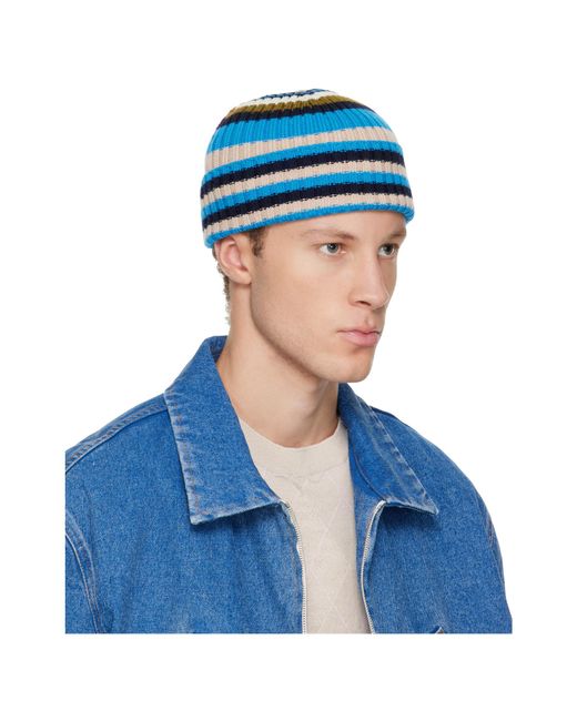 Marni Blue Logo Embroidered Striped Ribbed Beanie for men