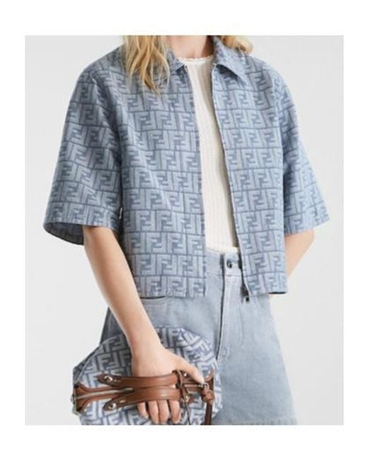 Fendi Blue Ff Chambray Zipped Cropped Jacket