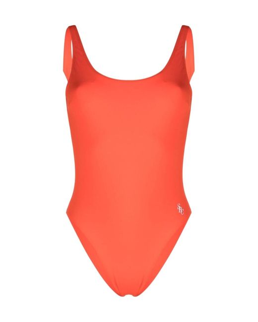 Sporty & Rich Red Printed Backless One-Piece Swimsuit