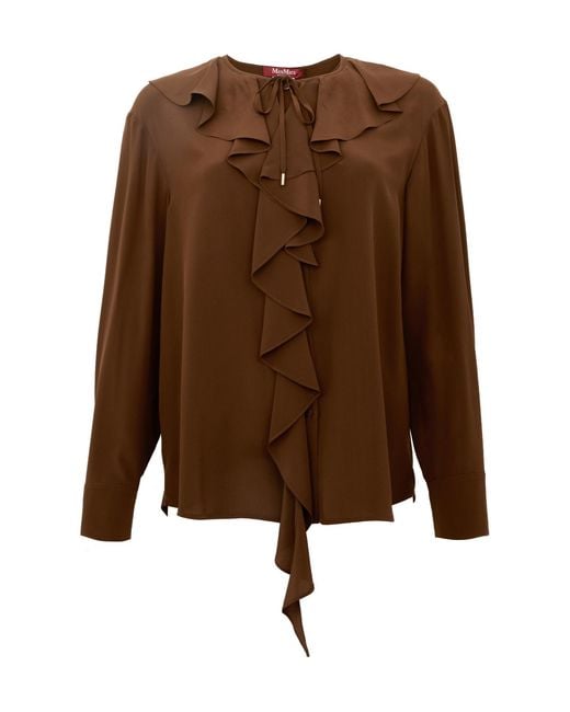 Max Mara Brown Studio Epica Ruffle Detailed Crewneck Top