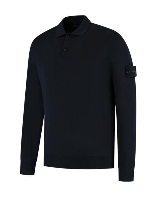Stone Island Blue Logo Patch Knitted Polo Shirt for men