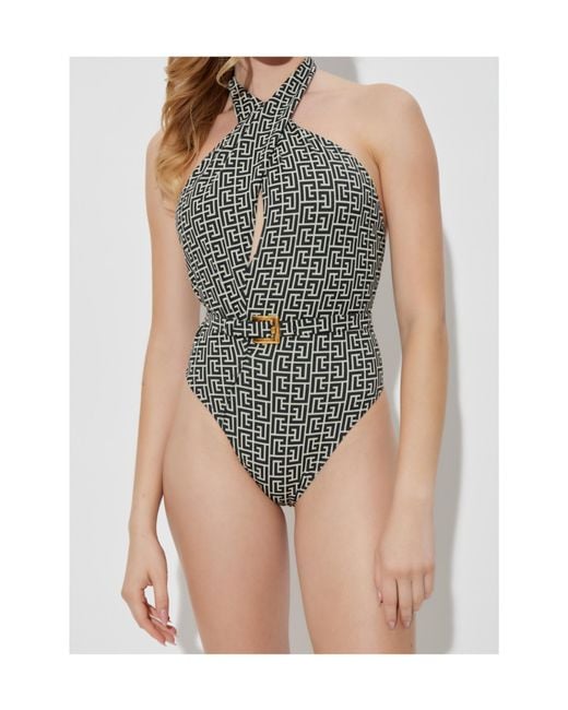 Balmain Gray Logo Monogram One Piece Swimsuit