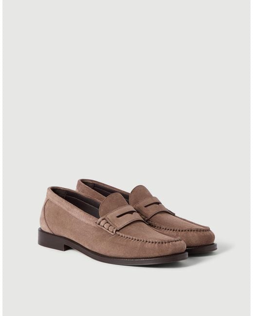 Brunello Cucinelli Brown Suede And Grained Calfskin Penny Loafers for men