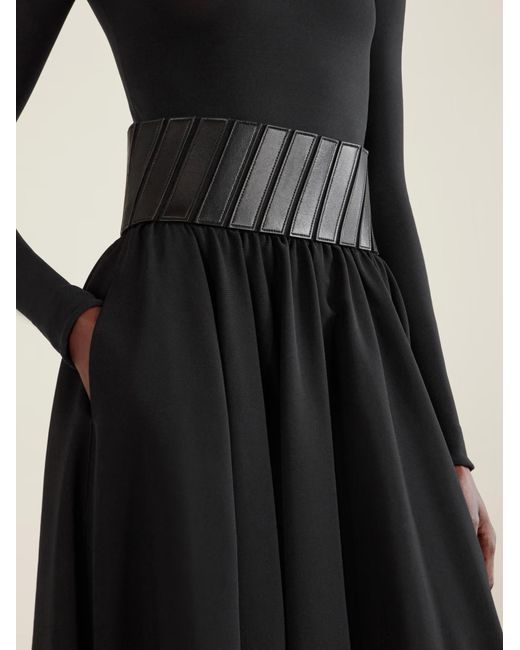 Alaïa Blue Leather-Trimmed Wool-Gabardine Midi Skirt