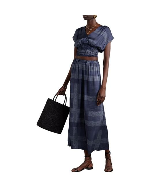 Lemlem Blue Smocked Printed Cropped Top