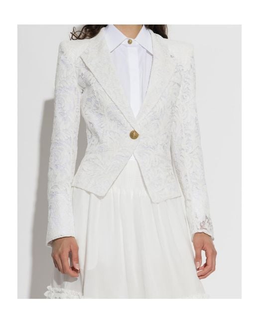 Balmain White Single Buttoned Lace Detailed Blazer