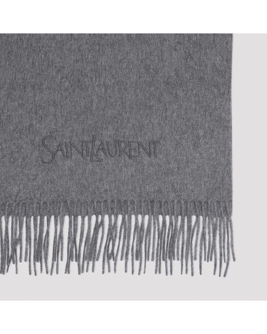 Saint Laurent Gray Logo Embroidered Fringed Scarf for men